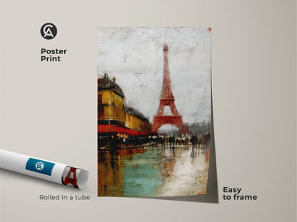 Poster Print of a Parisian street scene with the Eiffel Tower. This impressionistic piece of art is easy to frame and adds a touch of European charm to your space. The terracotta and teal color palette complements modern interiors. Perfect wall hanging for home or office. Rolled in a tube for protection.
