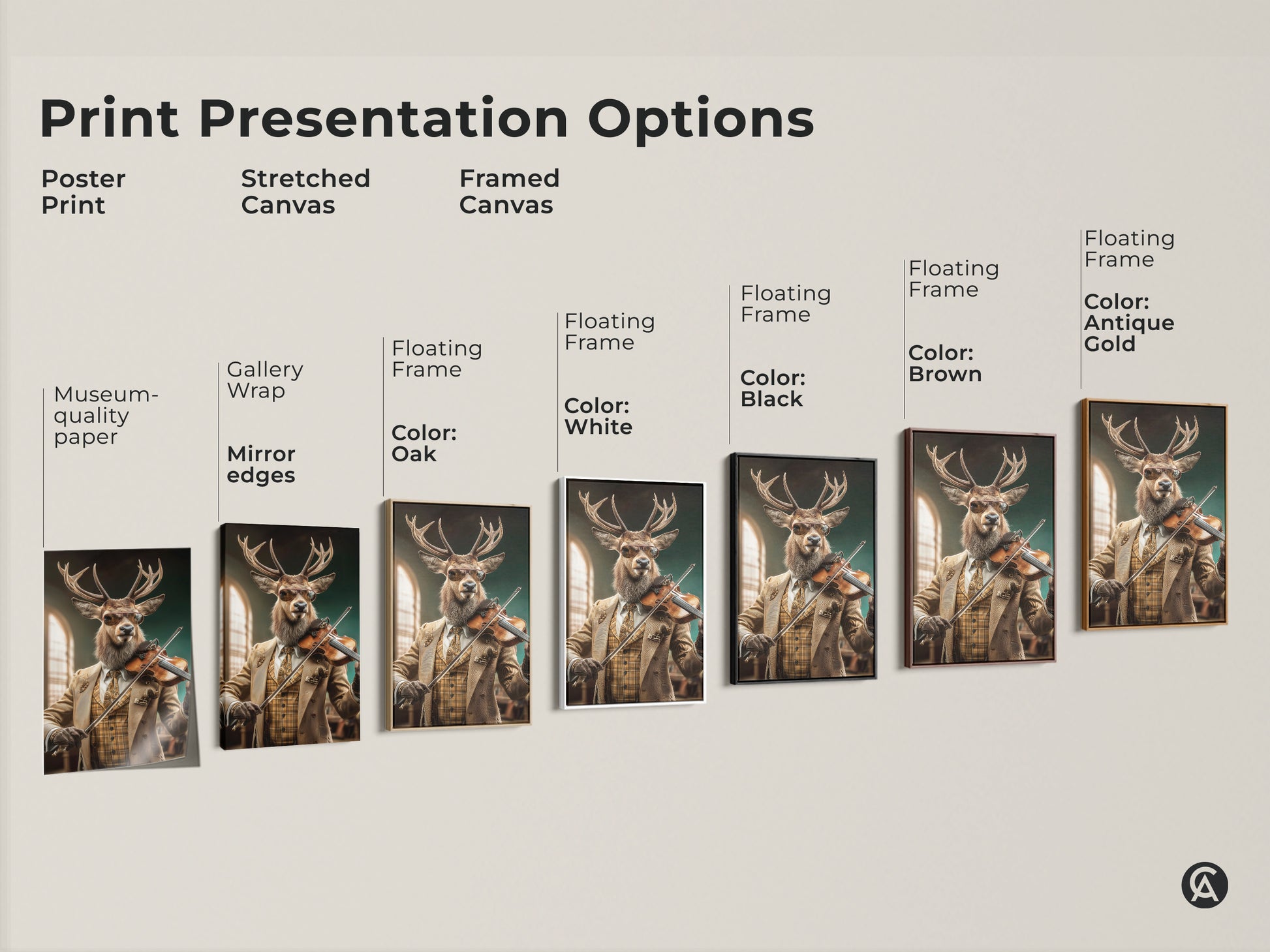 Explore print presentation options: poster prints stretched canvas & framed canvas. Choose museum-quality paper gallery wrap or floating frames in black brown antique gold or white. This surreal deer playing violin artwork is perfect for eclectic tan and brown study room.