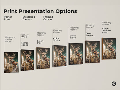 Explore print presentation options: poster prints stretched canvas & framed canvas. Choose museum-quality paper gallery wrap or floating frames in black brown antique gold or white. This surreal deer playing violin artwork is perfect for eclectic tan and brown study room.