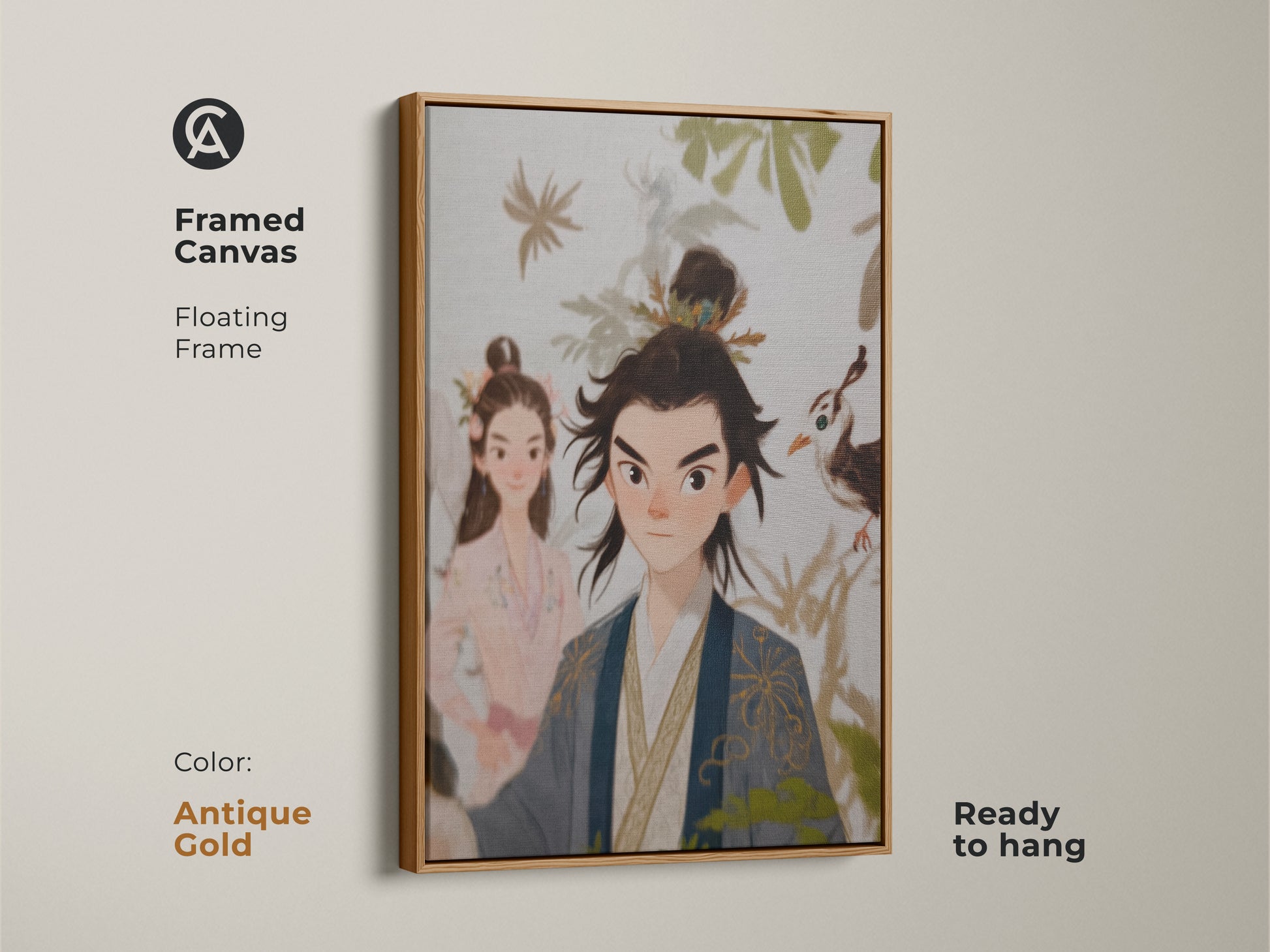 Framed canvas with antique gold floating frame featuring a traditional Chinese couple. Ready to hang. This couple art print wall decor is an anniversary gift for a married couple. Beige blue green wall art adds eclectic home decor art.