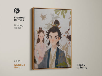 Framed canvas with antique gold floating frame featuring a traditional Chinese couple. Ready to hang. This couple art print wall decor is an anniversary gift for a married couple. Beige blue green wall art adds eclectic home decor art.