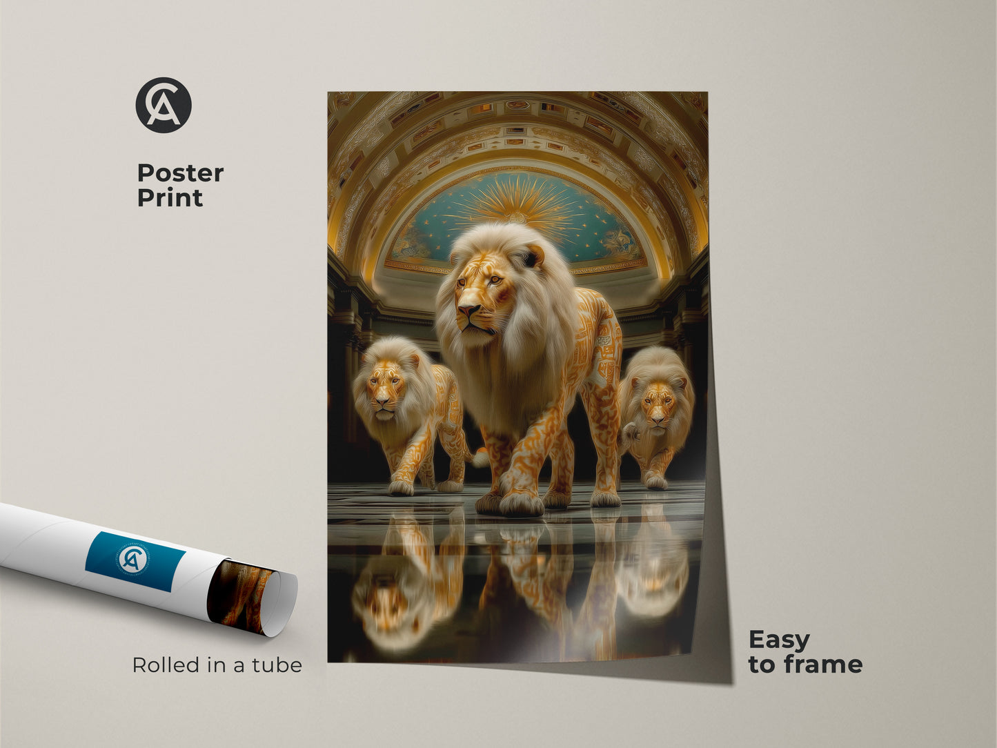 Discover the abstract gold lion art as a poster print. This royalty animal artwork is easy to frame. Rolled in a tube this surreal lion artwork suits any modern space. Enhance your office or home with this majestic animal painting.