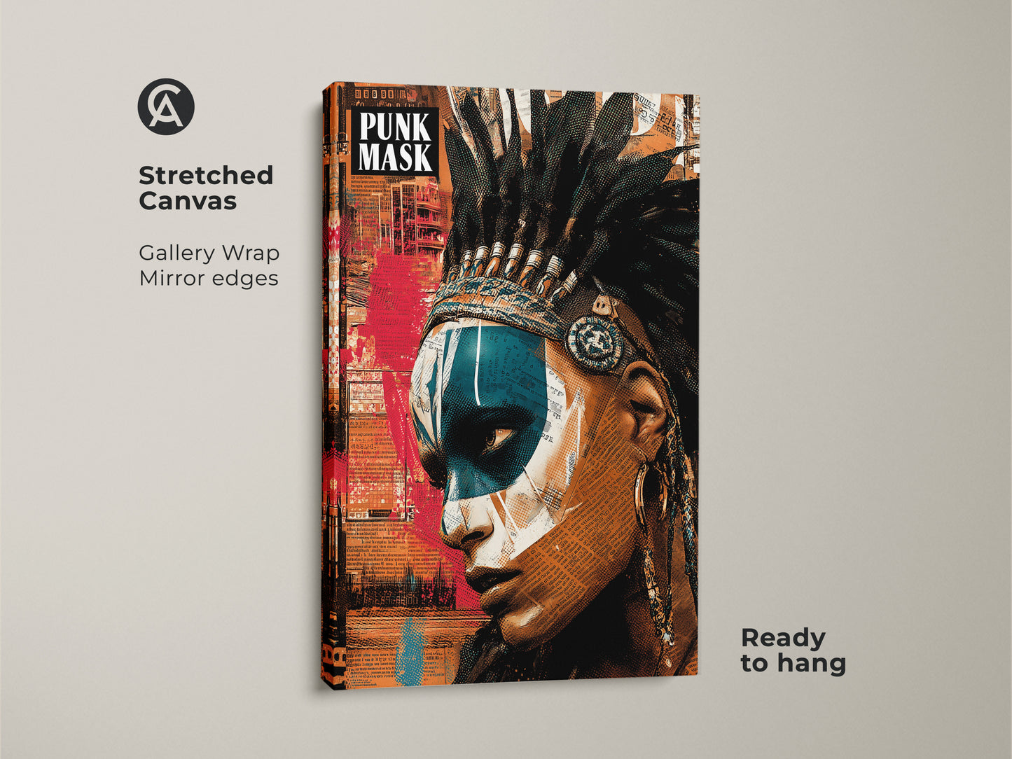 This is a stretched canvas gallery wrap of a Punk Art style Native American woman. The artwork merges a powerful portrait with collage elements and a feather headdress. The canvas is ready to hang. Printed on premium materials. A unique eclectic art appeal.