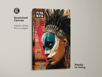This is a stretched canvas gallery wrap of a Punk Art style Native American woman. The artwork merges a powerful portrait with collage elements and a feather headdress. The canvas is ready to hang. Printed on premium materials. A unique eclectic art appeal.