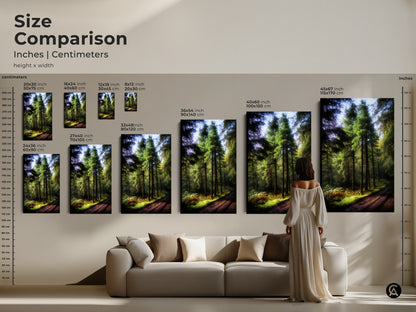 Size comparison of emerald green forest path artwork. Inches and centimeters are shown. Visualize how each size fits in your home. From small to extra-large canvas and poster prints. Perfect for any space and decor.
