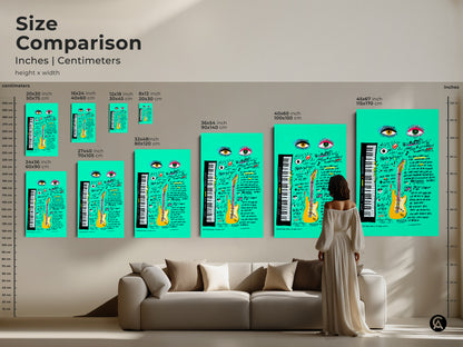 Size comparison featuring teal guitar Pop Art in inches and centimeters. Various sizes displayed in a room setting show how this abstract music artwork enhances a space. Perfect for eclectic decor.