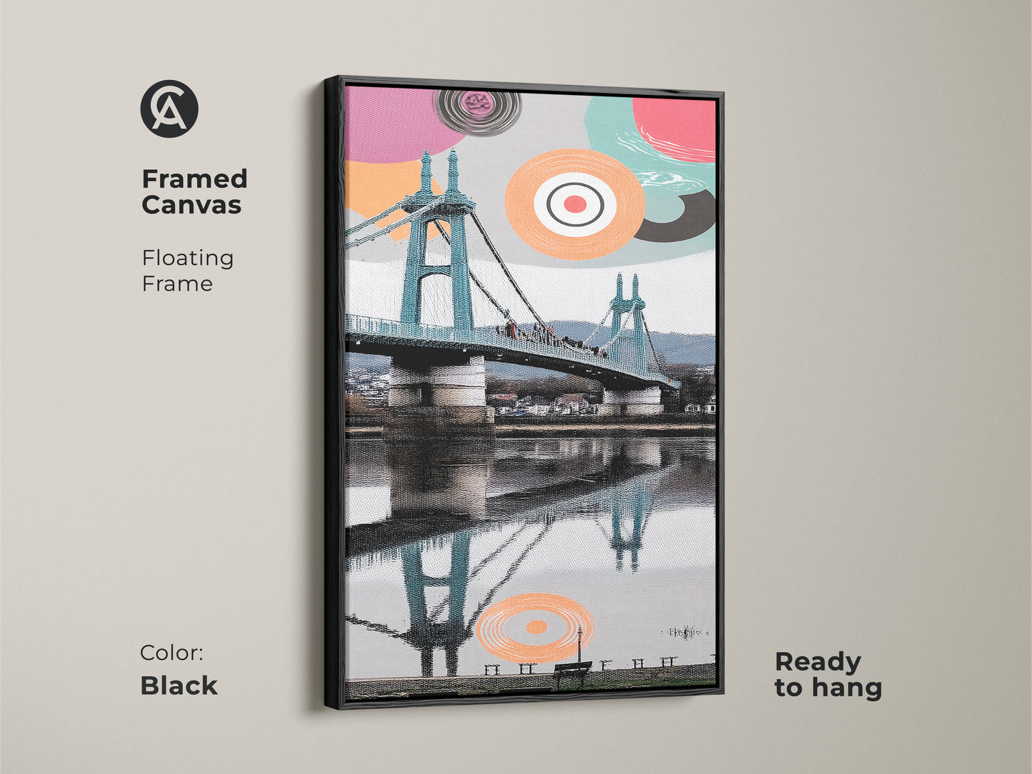 Framed canvas with a floating frame is ready to hang. Black frame complements the abstract geometric art. The aqua and coral suspension bridge print creates a modern cityscape wall art. It adds a touch of contemporary style to any space great as a travel lovers gift.
