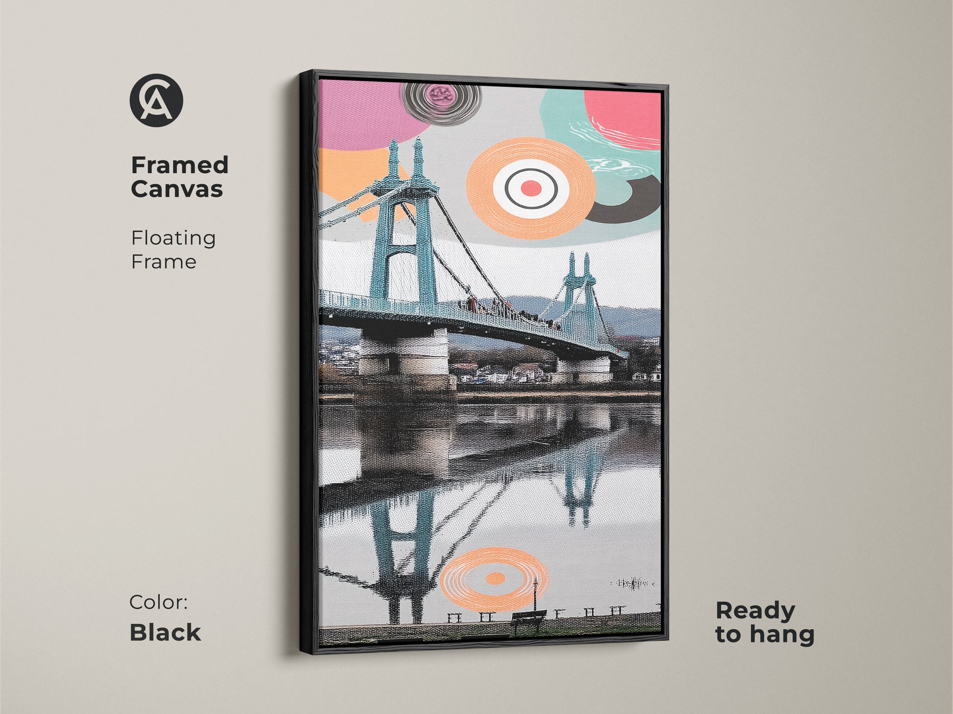 Framed canvas with a floating frame is ready to hang. Black frame complements the abstract geometric art. The aqua and coral suspension bridge print creates a modern cityscape wall art. It adds a touch of contemporary style to any space great as a travel lovers gift.