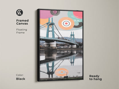 Framed canvas with a floating frame is ready to hang. Black frame complements the abstract geometric art. The aqua and coral suspension bridge print creates a modern cityscape wall art. It adds a touch of contemporary style to any space great as a travel lovers gift.