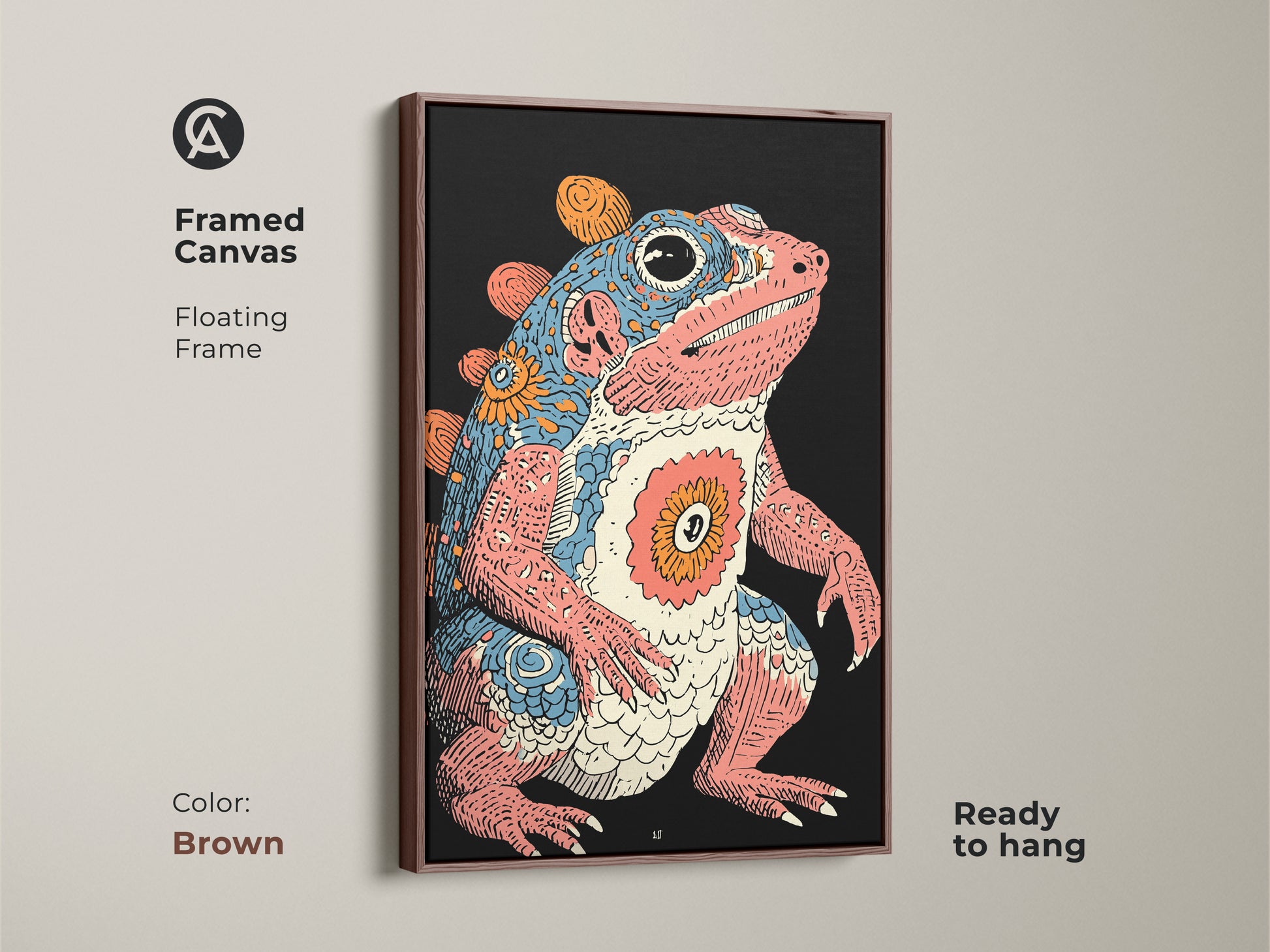 This framed canvas artwork showcases a psychedelic frog. A retro creature art print featuring a floating brown frame. Ready to hang this fantasy amphibian poster adds an eclectic touch. The pink blue and orange artwork makes a great addition. This artwork will brighten any room.