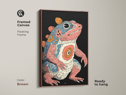 This framed canvas artwork showcases a psychedelic frog. A retro creature art print featuring a floating brown frame. Ready to hang this fantasy amphibian poster adds an eclectic touch. The pink blue and orange artwork makes a great addition. This artwork will brighten any room.