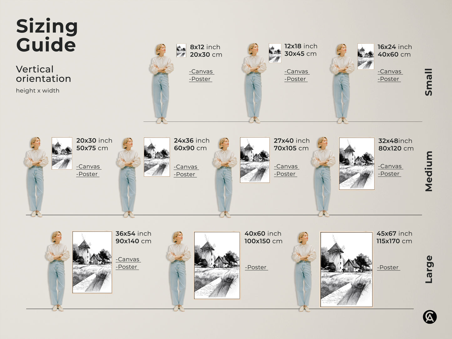 Sizing guide for farmhouse windmill art prints. Vertical orientation with various height and width options. Available as canvas or poster in small medium and large sizes. Perfect for any wall decor needs in a country home.
