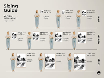 Sizing guide for farmhouse windmill art prints. Vertical orientation with various height and width options. Available as canvas or poster in small medium and large sizes. Perfect for any wall decor needs in a country home.