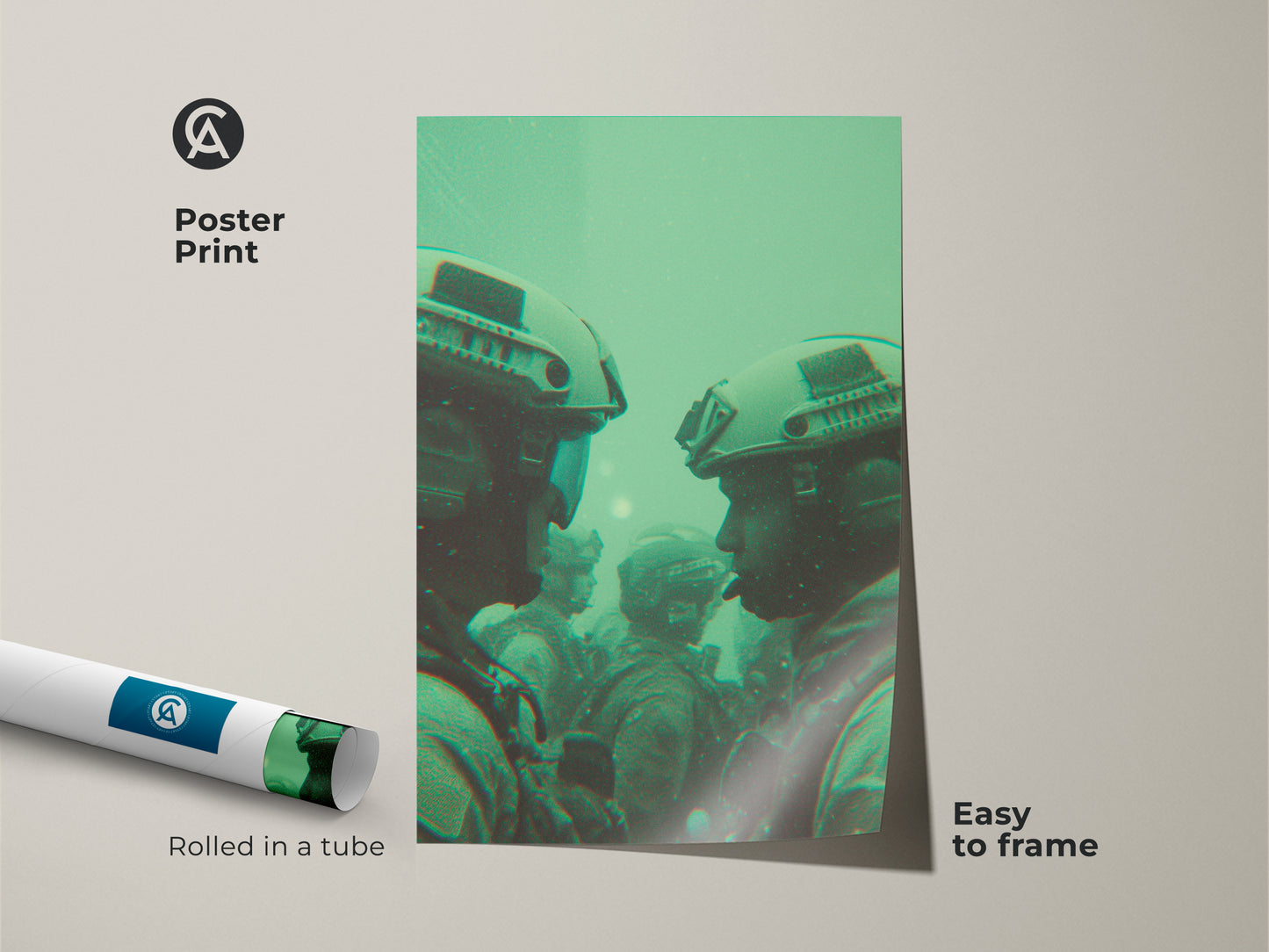 Museum-quality poster print of soldiers wearing helmets. The green toned military artwork is rolled in a tube. This modern art is easy to frame and hang. Shop for poster prints today
