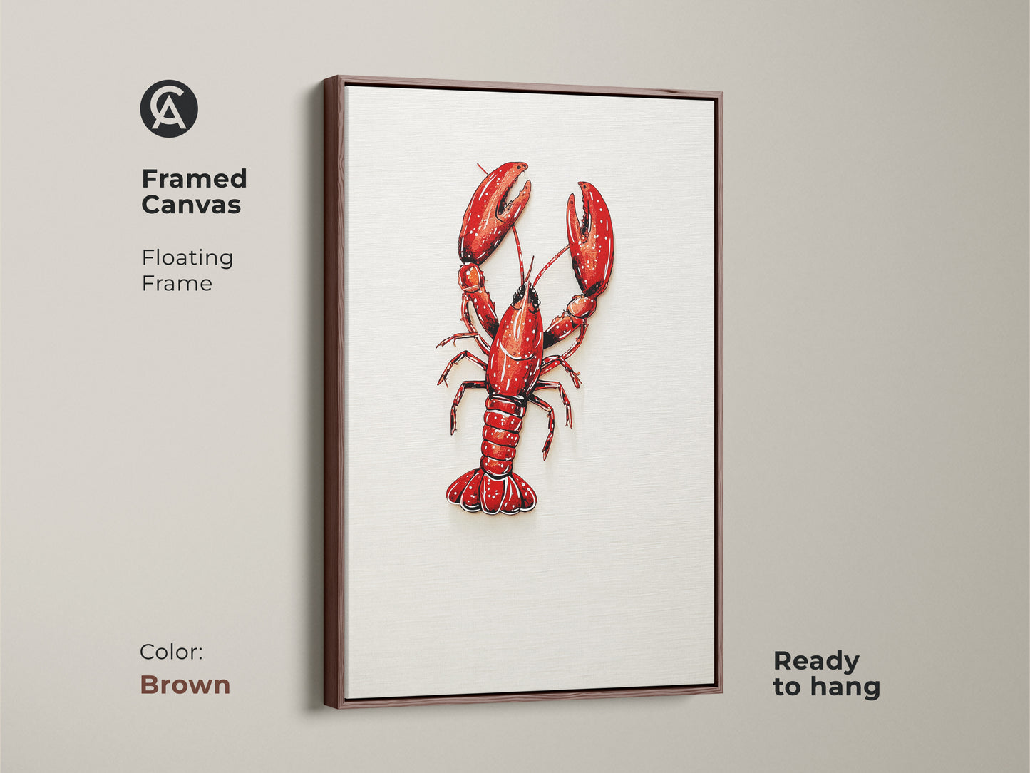 Framed Canvas Red Lobster Artwork in Brown Floating Frame. Ready to hang. Coastal kitchen wall art for seafood lovers. Nautical home decor art with crimson animal artwork. Perfect for ocean themed kitchens. Adds personality.