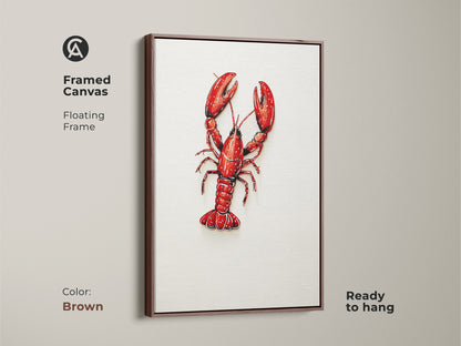Framed Canvas Red Lobster Artwork in Brown Floating Frame. Ready to hang. Coastal kitchen wall art for seafood lovers. Nautical home decor art with crimson animal artwork. Perfect for ocean themed kitchens. Adds personality.
