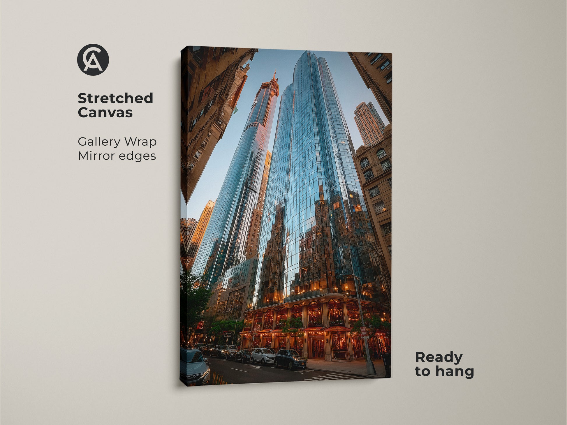 Modern skyscraper canvas on stretched canvas. The blue cityscape wall art has gallery wrap mirror edges. It is ready to hang and enhances urban street scene prints. Perfect for contemporary architecture decor.