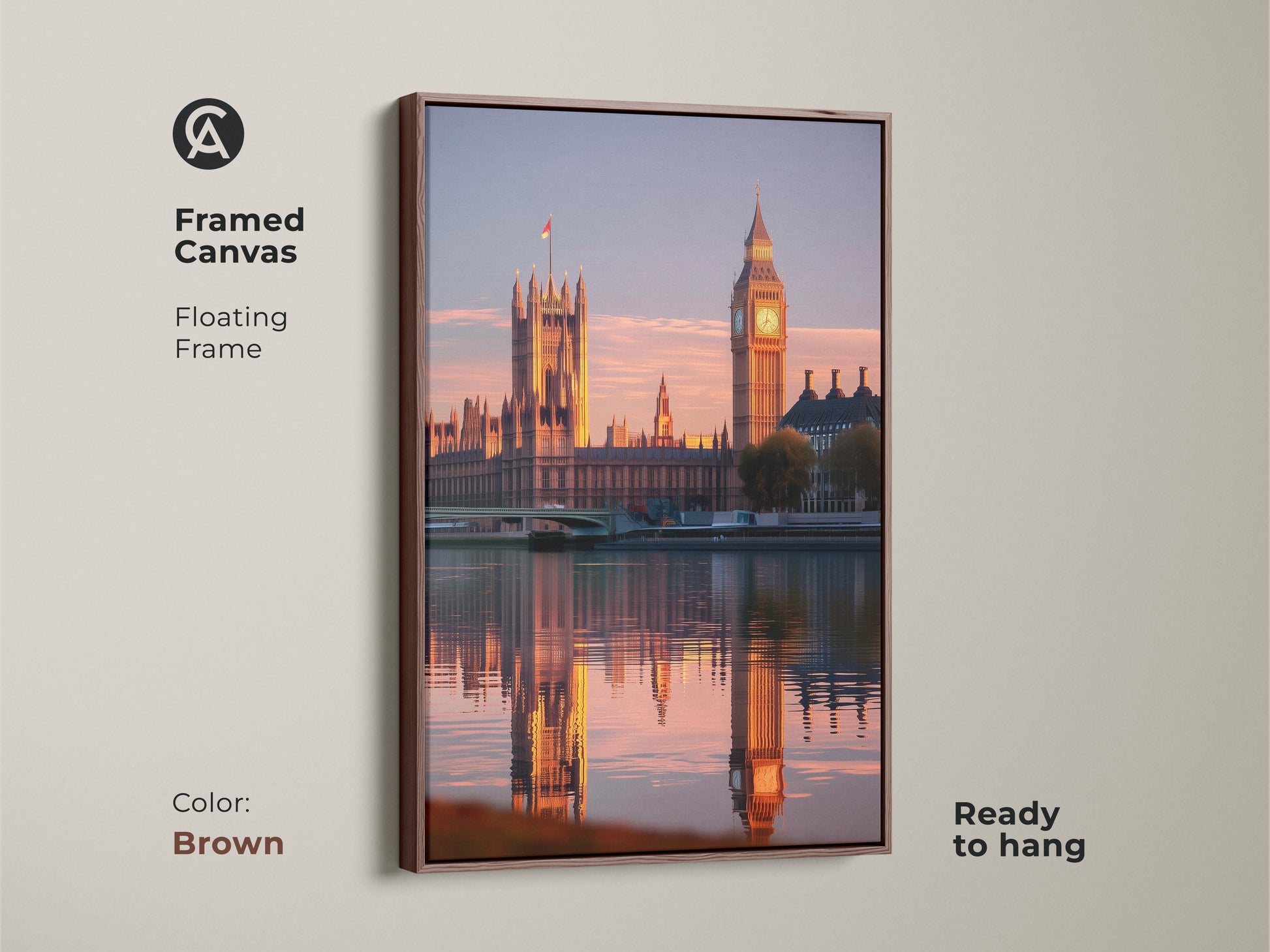 Framed Canvas featuring London's iconic Houses of Parliament and Big Ben during the golden hour. The floating frame is brown and ready to hang. Travel themed artwork for contemporary UK landmark art.