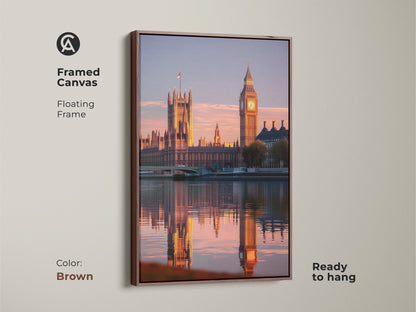Framed Canvas featuring London's iconic Houses of Parliament and Big Ben during the golden hour. The floating frame is brown and ready to hang. Travel themed artwork for contemporary UK landmark art.
