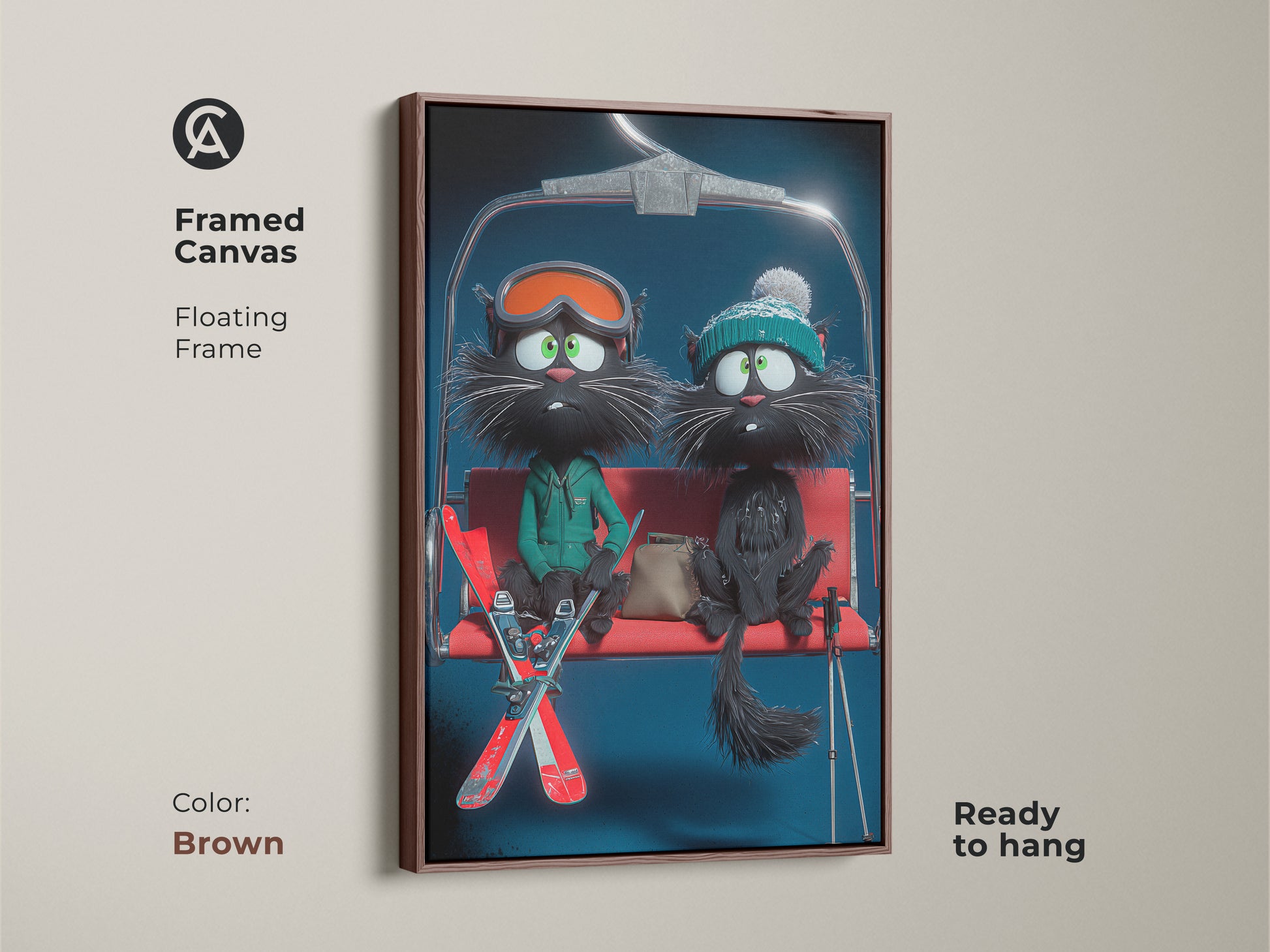 This framed canvas art displays two cartoon black cats on a ski lift. The floating frame is a brown color. This winter cat art is perfect for eclectic home decor. Ideal as a cat lover birthday gift this unique cat wall art adds charm to any space. It's ready to hang.