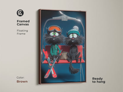 This framed canvas art displays two cartoon black cats on a ski lift. The floating frame is a brown color. This winter cat art is perfect for eclectic home decor. Ideal as a cat lover birthday gift this unique cat wall art adds charm to any space. It's ready to hang.