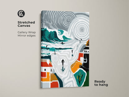 Stretched canvas art featuring an abstract teal wave with surfers. This gallery-wrapped canvas print has mirror edges and is ready to hang. Modern geometric houses add a coastal touch perfect as bedroom wall art.