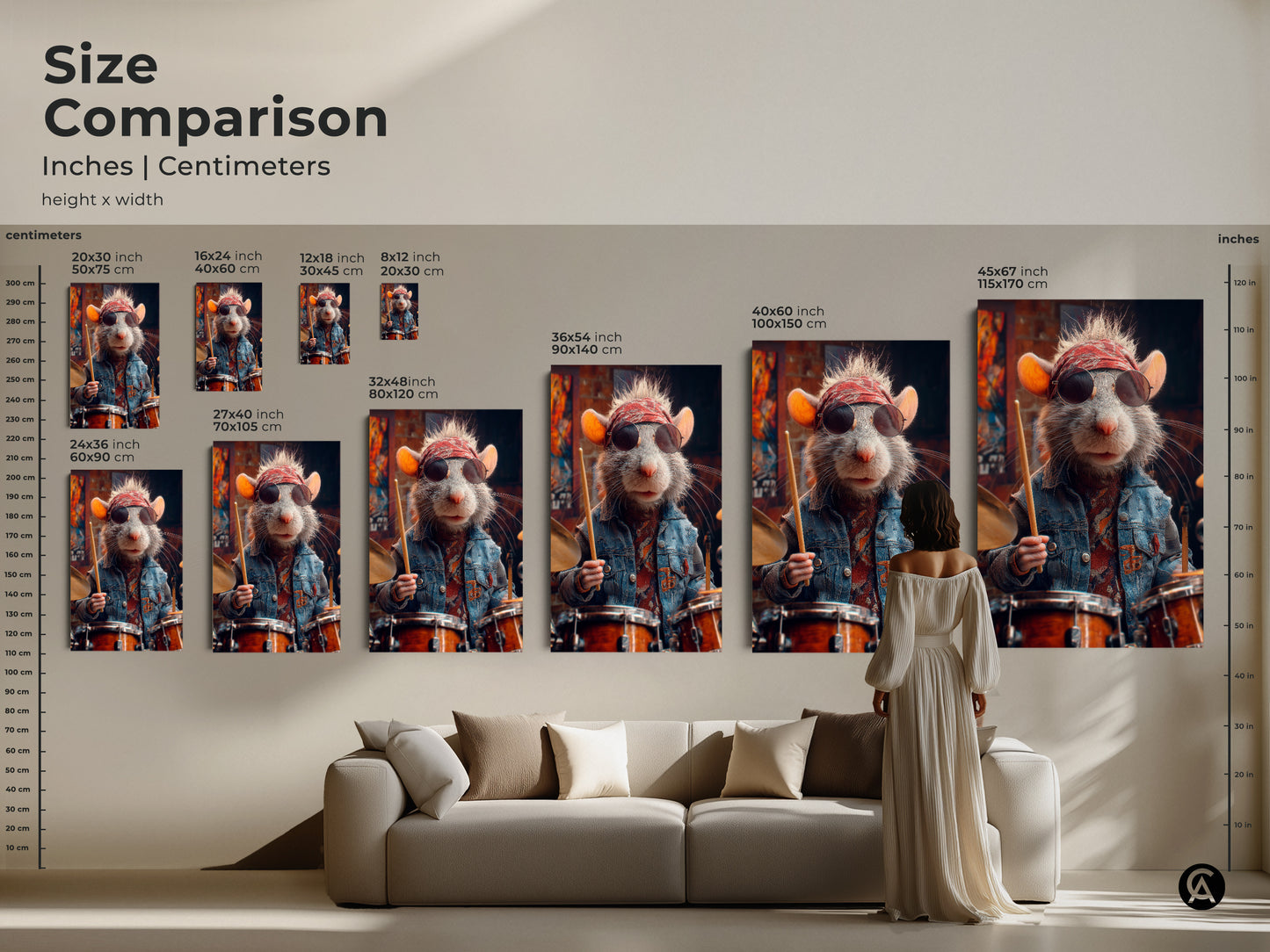 Size comparison of the rat drummer canvas artwork in inches and centimeters. A punk rock poster that fits any space. Perfect retro music wall art for a man cave or office. This animal art makes a great rock fan gift. Eclectic home decor.