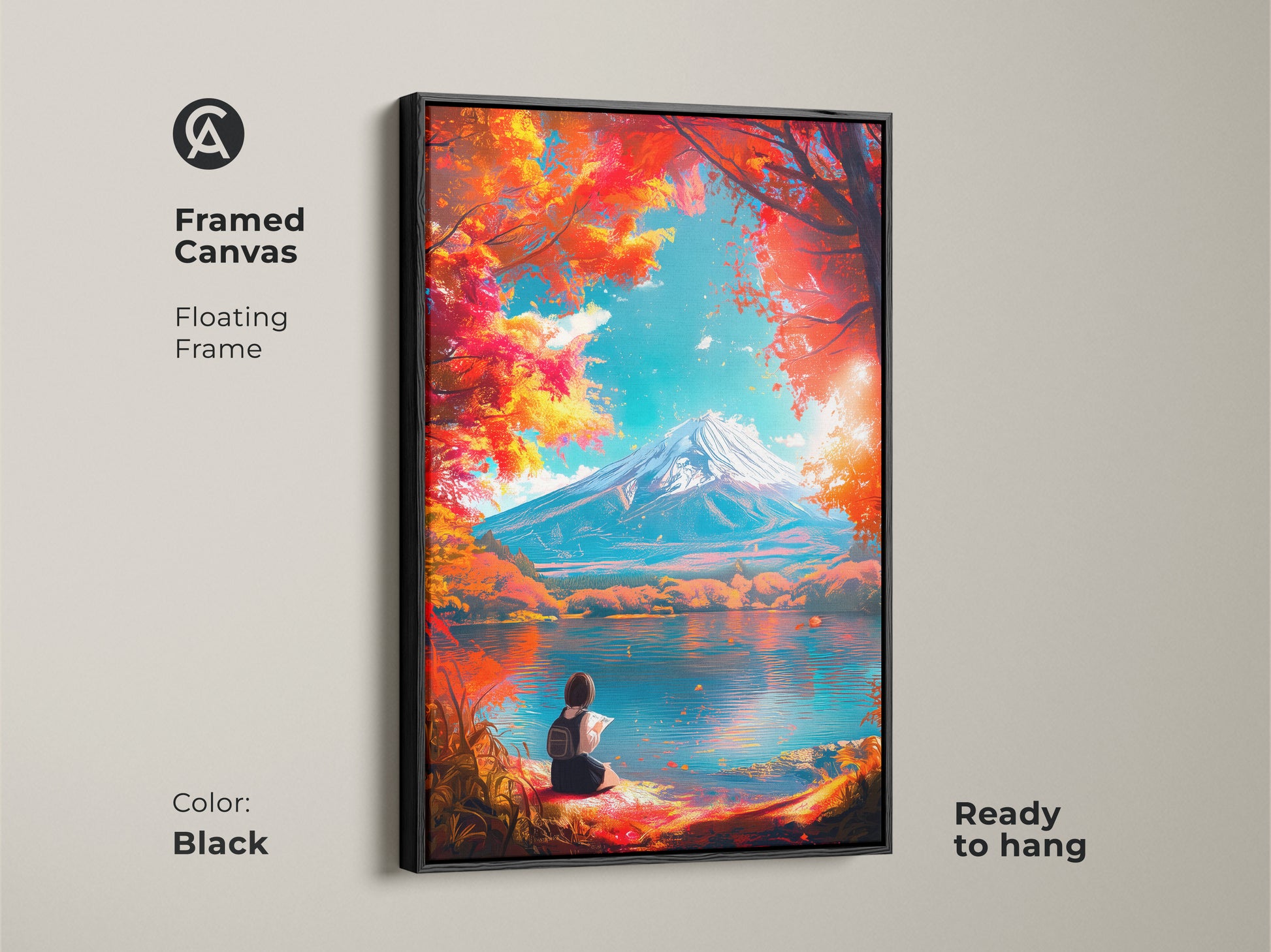 Framed canvas artwork with a floating frame in black color. Depicts Mount Fuji and a girl reading by the water. This ready-to-hang piece adds a touch of sophistication to your home. Enhance your living space today.