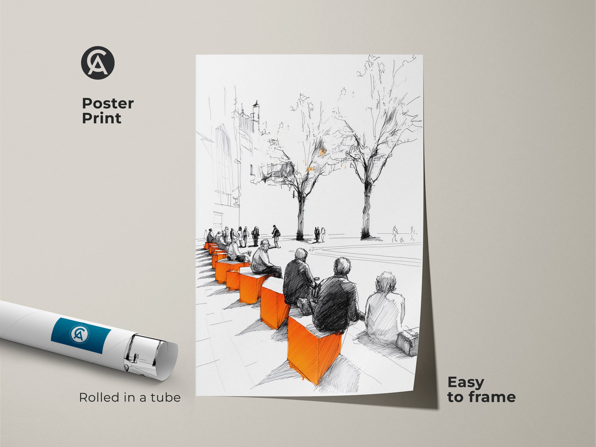 Urban life art print in a poster format featuring a modern sketch of a cityscape with people on benches. The minimalist artwork uses black white and vibrant orange. Easy to frame this contemporary sketch adds urban sophistication to any modern apartment art collection.