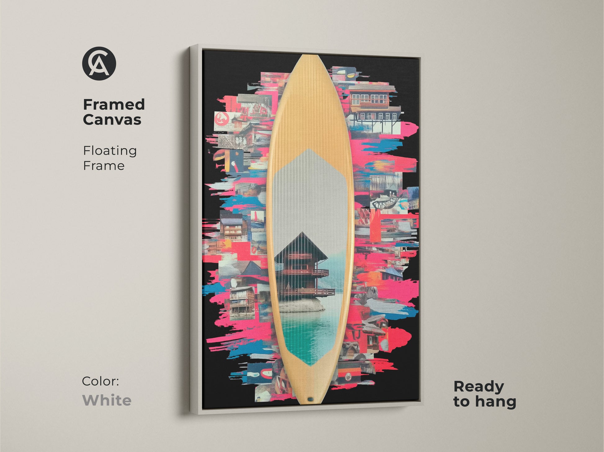 A framed canvas displaying surfboard collage artwork with a floating white frame that's ready to hang. The teal blue pink artwork combines Japanese art with surf culture elements. It's a vibrant home decor choice that stands out. Contemporary collage art at its finest.