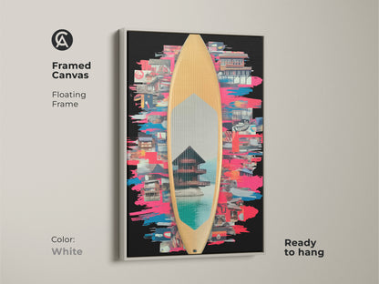 A framed canvas displaying surfboard collage artwork with a floating white frame that's ready to hang. The teal blue pink artwork combines Japanese art with surf culture elements. It's a vibrant home decor choice that stands out. Contemporary collage art at its finest.