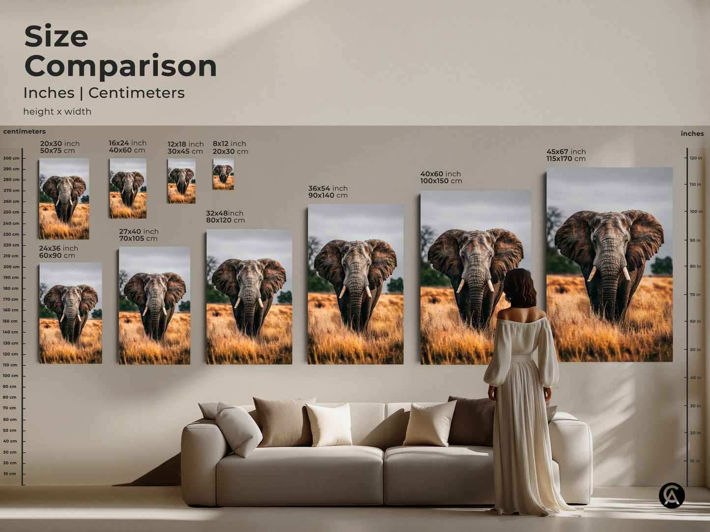 Size comparison of elephant artwork in inches and centimeters. Choose from various sizes to fit your space. Perfect for rustic home decor with earthy brown and grey tones. This wildlife art print is ideal for bedroom wall decor. Find the perfect large wall art print for your living room. A great housewarming gift idea for nature lovers.