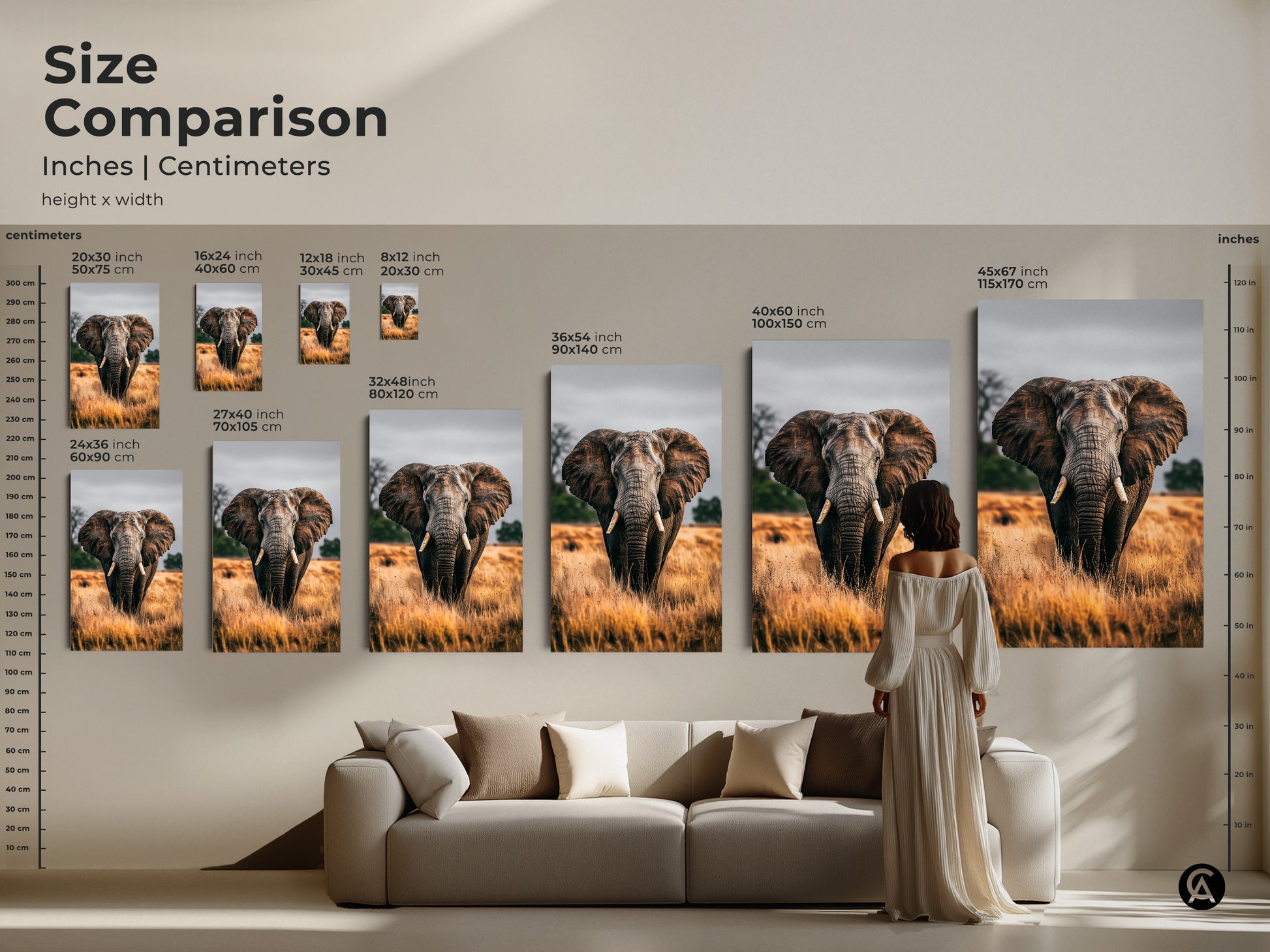 Size comparison of elephant artwork in inches and centimeters. Choose from various sizes to fit your space. Perfect for rustic home decor with earthy brown and grey tones. This wildlife art print is ideal for bedroom wall decor. Find the perfect large wall art print for your living room. A great housewarming gift idea for nature lovers.