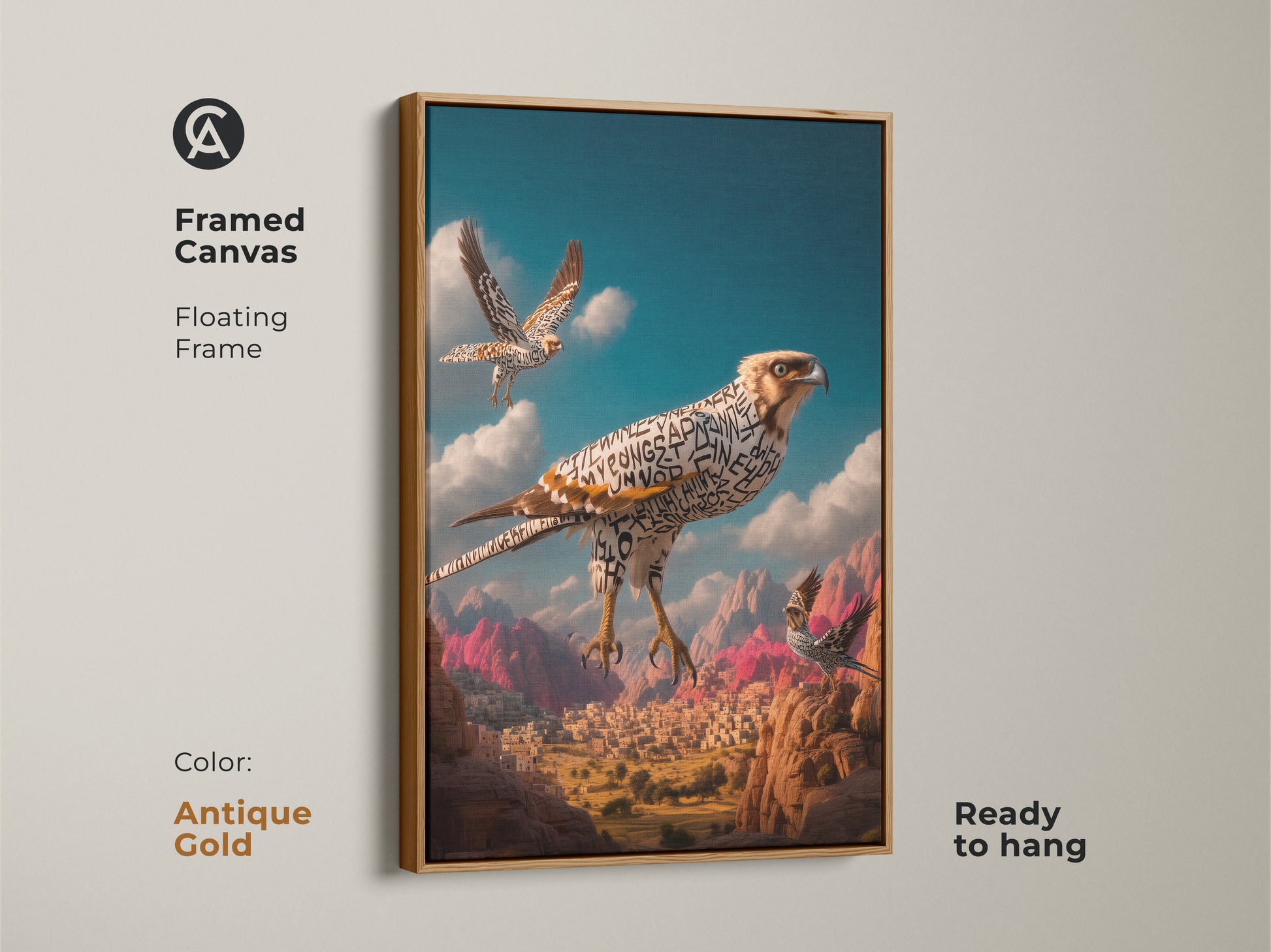 This image shows a framed canvas with a surreal falcon artwork. Arabic calligraphy adorns the bird in a desert landscape. The white floating frame adds a modern touch. Ready to hang this piece enhances study rooms. It's an excellent housewarming gift for him.