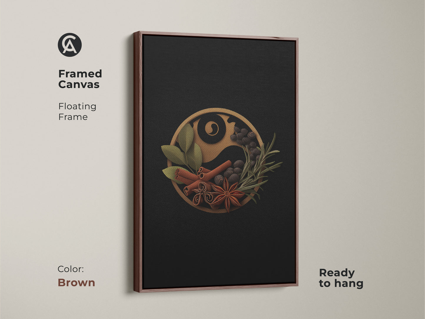 Spice Yin Yang framed canvas with a floating brown frame. This modern kitchen wall art adds warmth and elegance to any space. The culinary spices art print features a balanced Yin Yang artwork. This piece makes a thoughtful housewarming gift canvas.