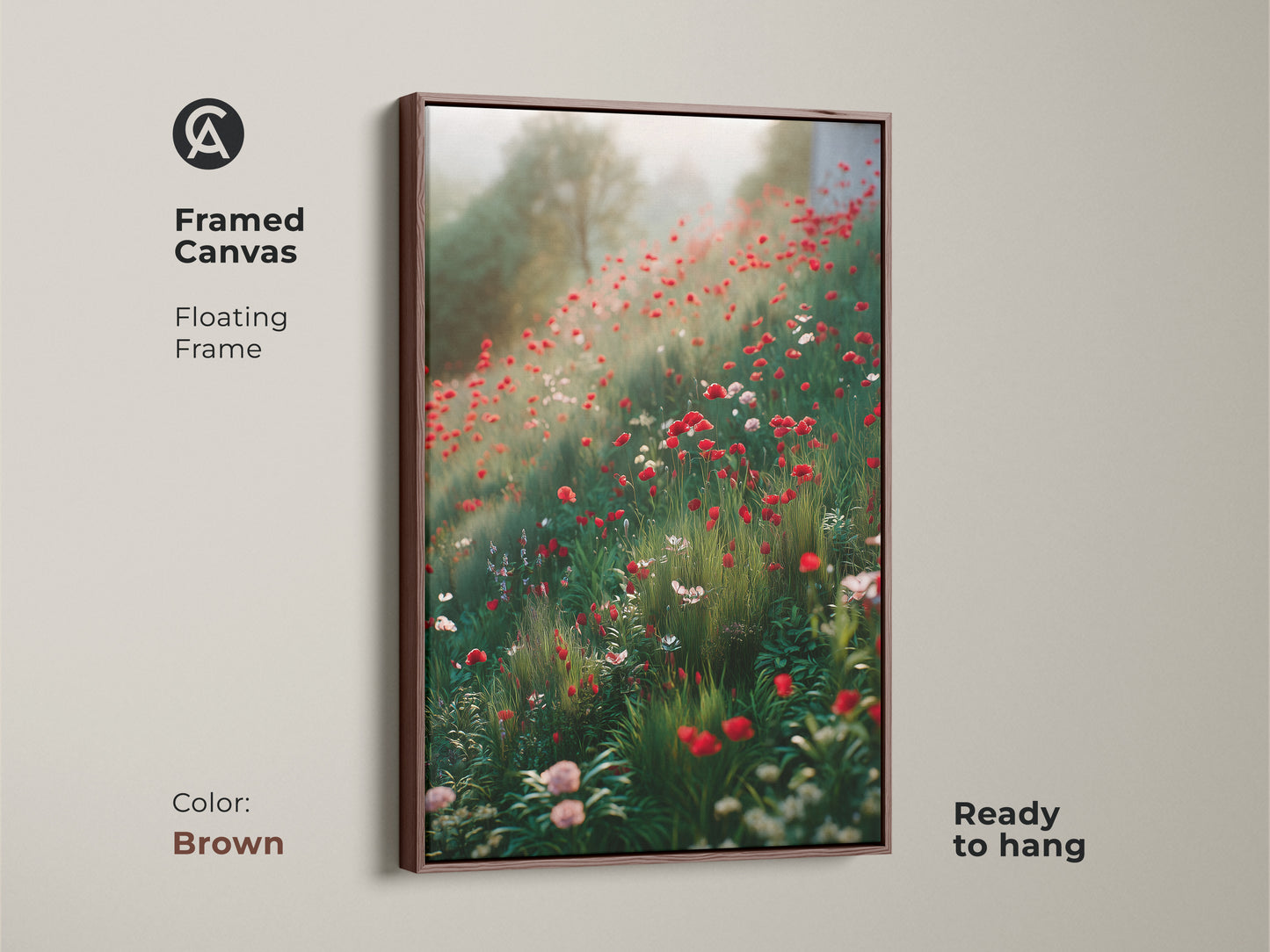 Framed canvas with a brown floating frame displays boho floral artwork. A red poppy canvas print captures a dreamy wildflower field. Ready to hang this impressionistic landscape enhances your home decor. A great housewarming gift.