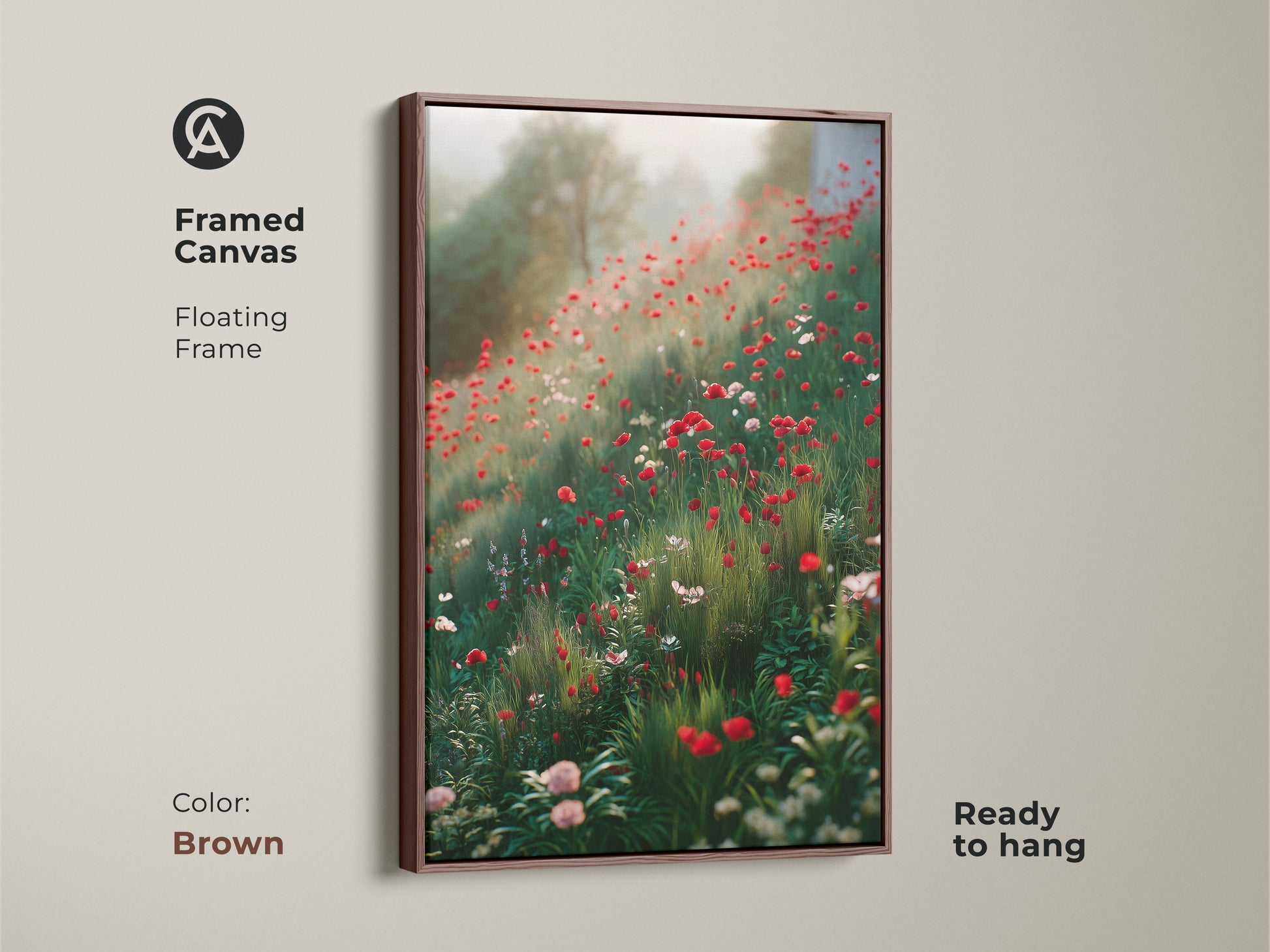 Framed canvas with a brown floating frame displays boho floral artwork. A red poppy canvas print captures a dreamy wildflower field. Ready to hang this impressionistic landscape enhances your home decor. A great housewarming gift.