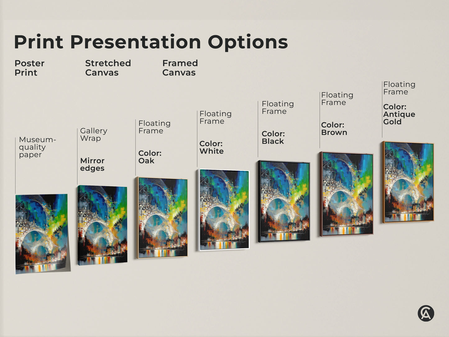 Explore print presentation options with this abstract cityscape art. Options include poster print stretched canvas and framed canvas. Multiple floating frame colors include white black brown and antique gold. Showcasing museum-quality edges and gallery wrap finish. Perfect as abstract art for living room spaces.