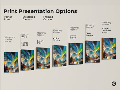 Explore print presentation options with this abstract cityscape art. Options include poster print stretched canvas and framed canvas. Multiple floating frame colors include white black brown and antique gold. Showcasing museum-quality edges and gallery wrap finish. Perfect as abstract art for living room spaces.
