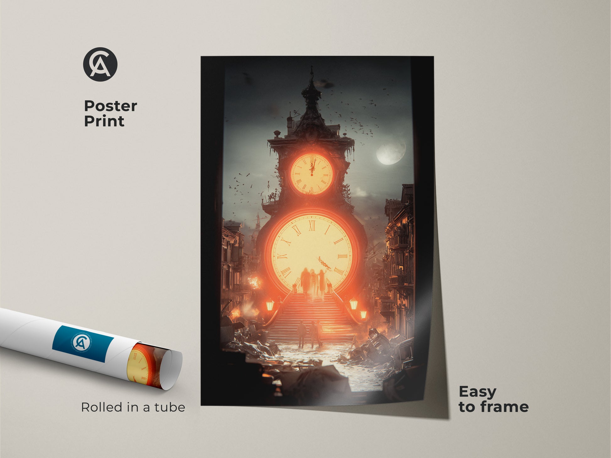 A steampunk poster print of a surreal clock tower. The urban decay art features deep teal and orange tones. An industrial office art piece that is easy to frame. Ideal for workplace decor.