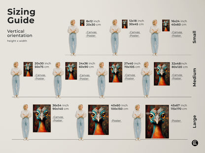 Sizing guide for the teal orange peacock art. See canvas and poster print sizes in vertical orientation with height x width options. The fantasy peacock canvas art can complement eclectic and modern homes.