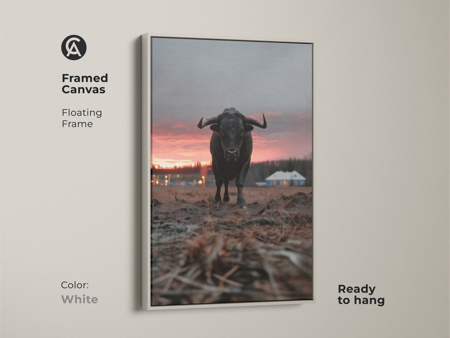White framed bull canvas art with a floating frame ready to hang. This rustic farmhouse wall decor features crimson orange grey animal art. It is a simple entryway home decor gift. The rural house landscape art is cool.