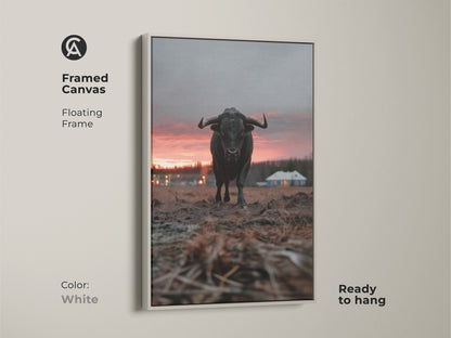 White framed bull canvas art with a floating frame ready to hang. This rustic farmhouse wall decor features crimson orange grey animal art. It is a simple entryway home decor gift. The rural house landscape art is cool.