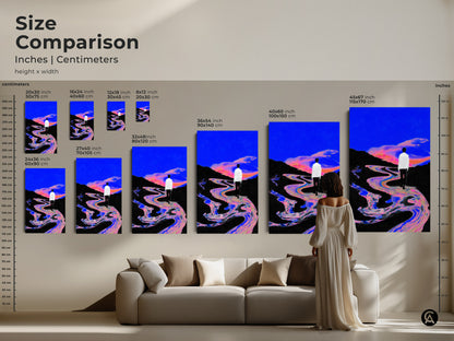 Sizing Guide for vertical artwork. Available in small medium and large sizes. Options for Canvas and Poster prints. Perfect for adding a touch of surrealism to any space. Find the ideal fit for your decor.