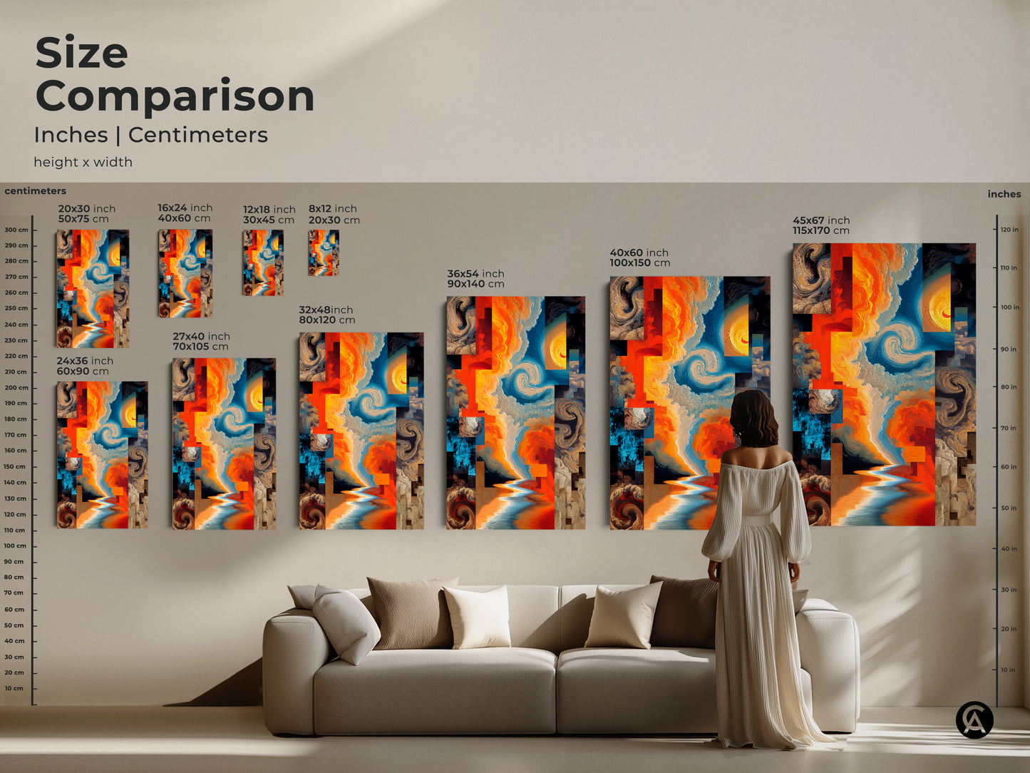 Size Comparison of Abstract Art. This artwork displays inches and centimeters. The art features orange yellow and blue swirling clouds and water. Sizes range for various spaces in eclectic home decor settings. Find your fit now.