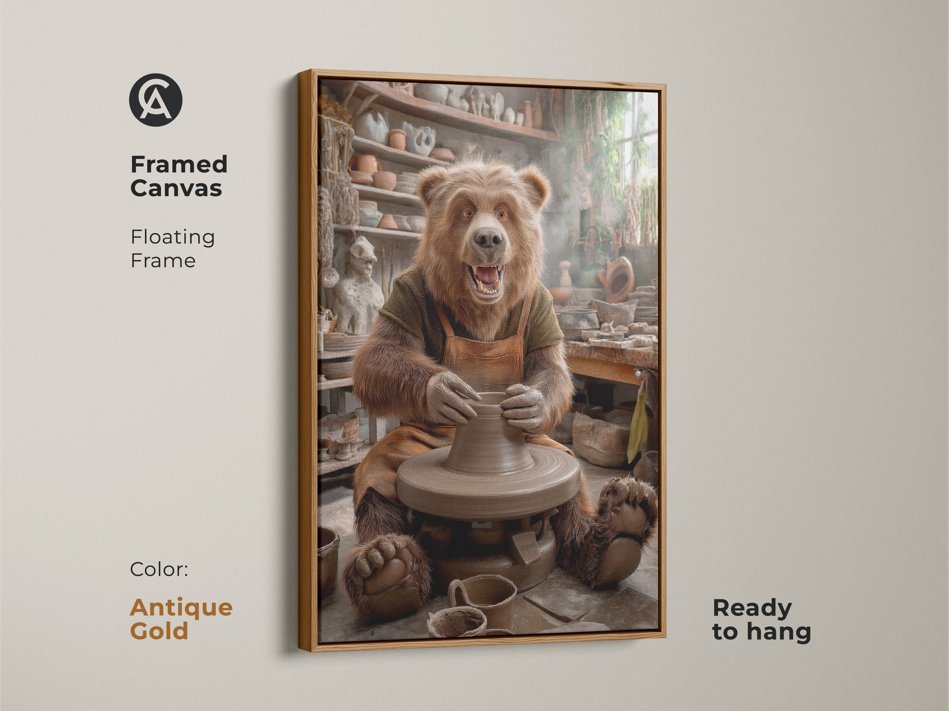 Framed canvas of a bear at a pottery wheel in antique gold. Floating frame gives a vintage touch. Ready to hang animal artistry canvas. Perfect for eclectic wall art decor. Earthy tones and realistic details create a unique pottery gift.