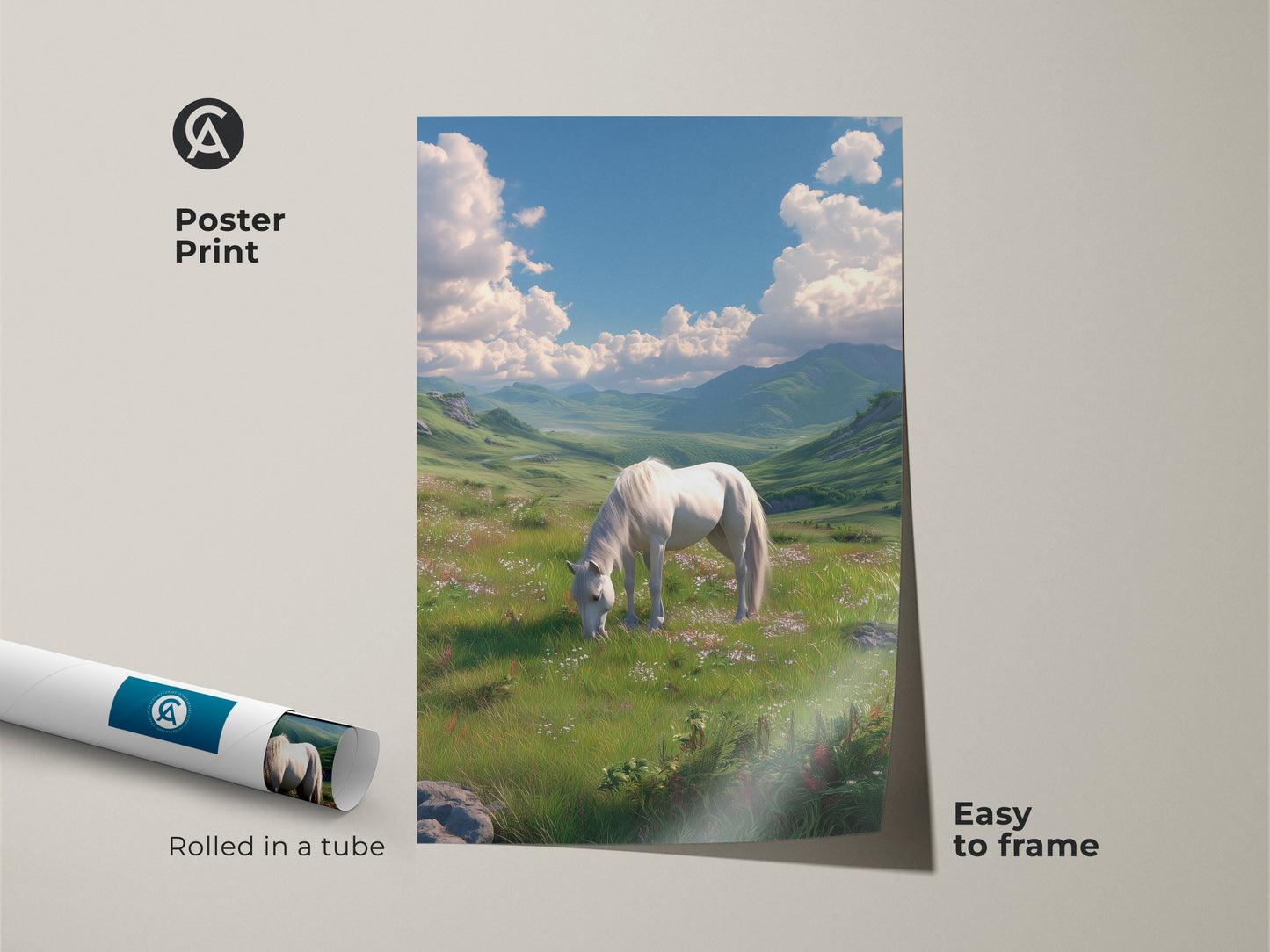 Poster print featuring a serene scene of a white horse grazing in a lush field. This beautiful landscape artwork is easy to frame. The poster is rolled in a tube for protection. Perfect for adding a touch of nature to your home decor.