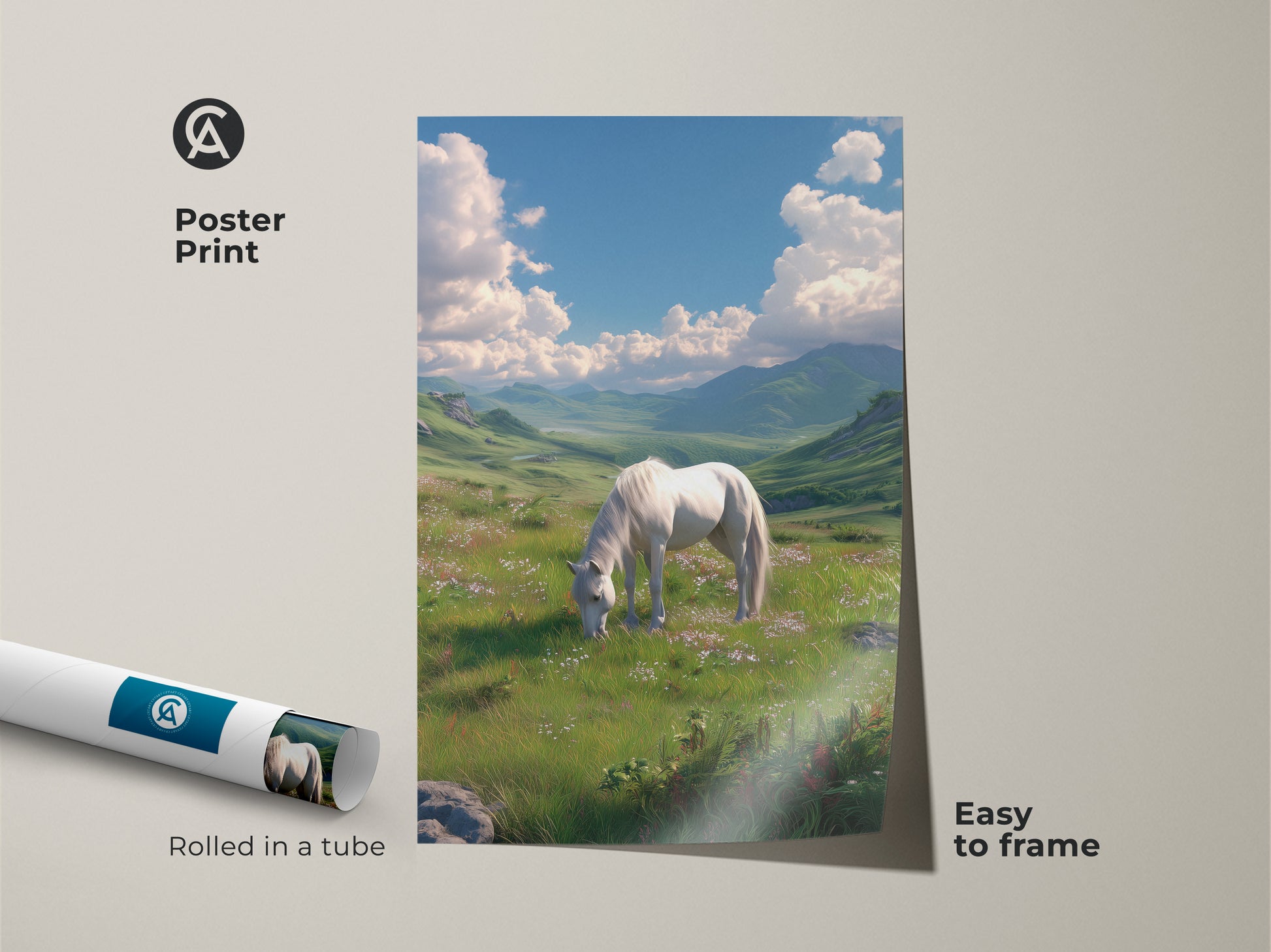 Poster print featuring a serene scene of a white horse grazing in a lush field. This beautiful landscape artwork is easy to frame. The poster is rolled in a tube for protection. Perfect for adding a touch of nature to your home decor.