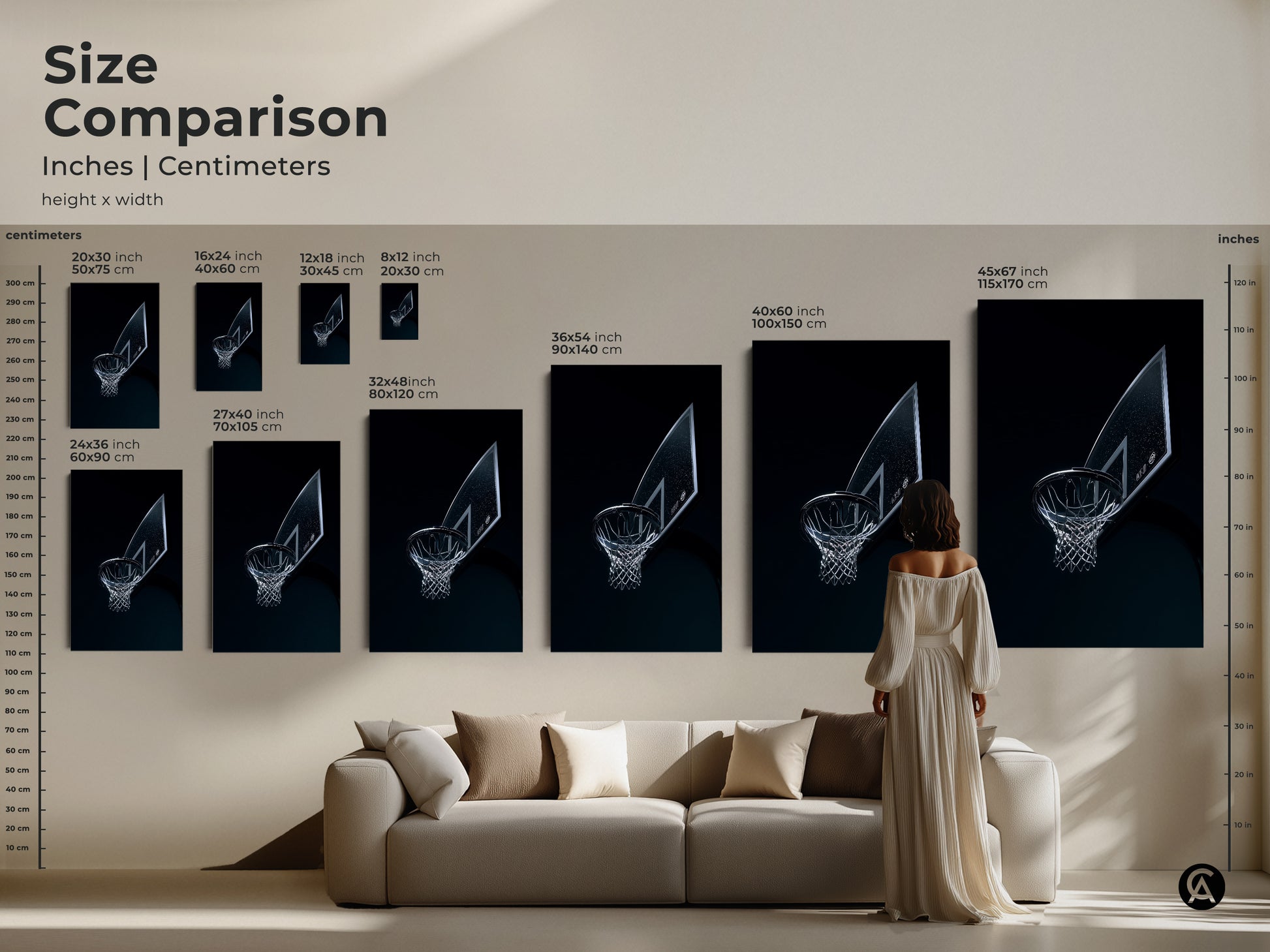 Size comparison of basketball hoop artwork in inches and centimeters. Various sizes are available for the canvas and poster prints. This minimalist basketball art is great for any room.
