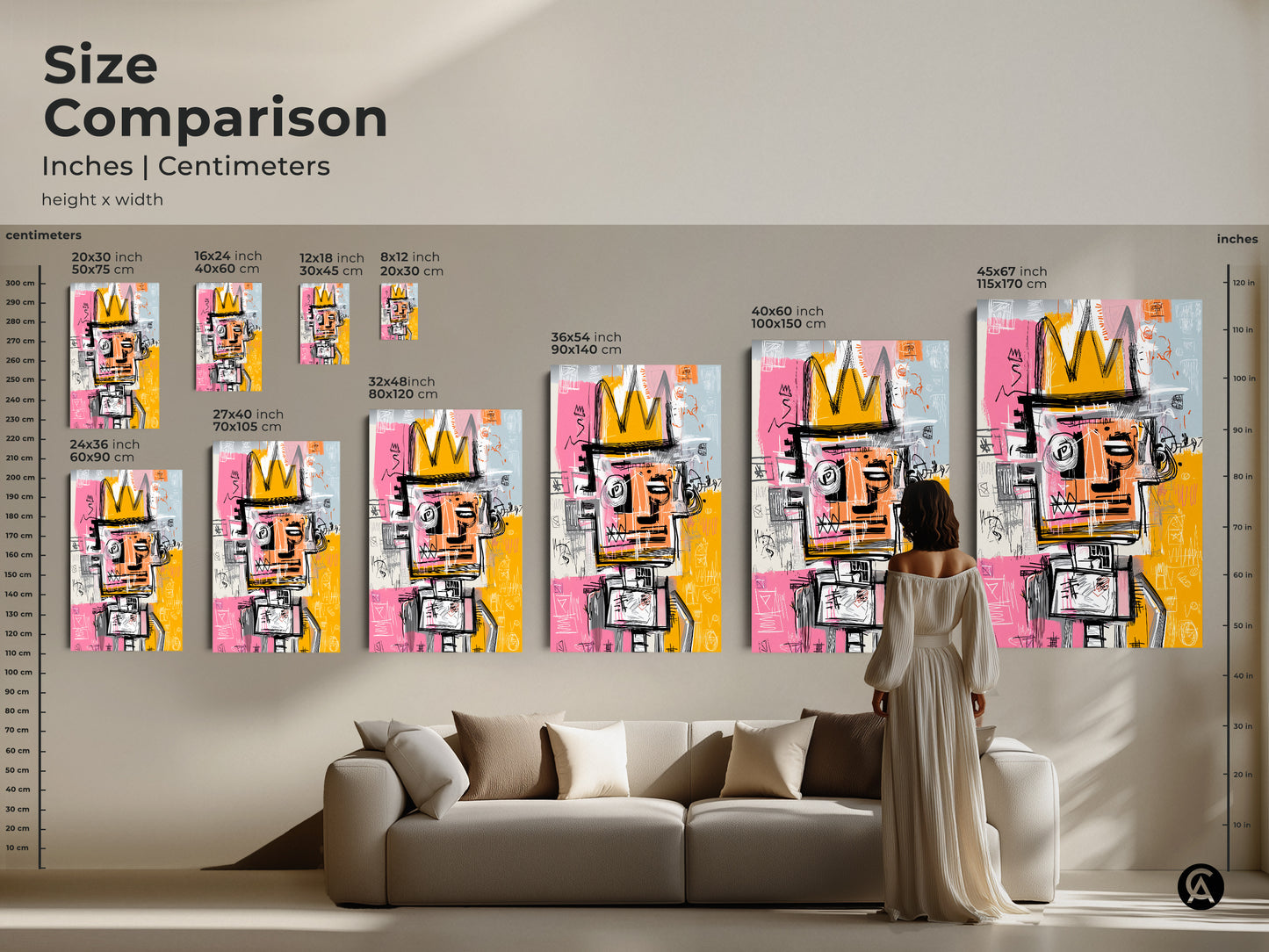Size Comparison of Graffiti-Style King Artwork. See the art in various dimensions from 8x12 to 45x67 inches. Visualize how each size fits with furniture for the perfect art display. Choose the ideal scale to enhance your living space with this iconic artwork.